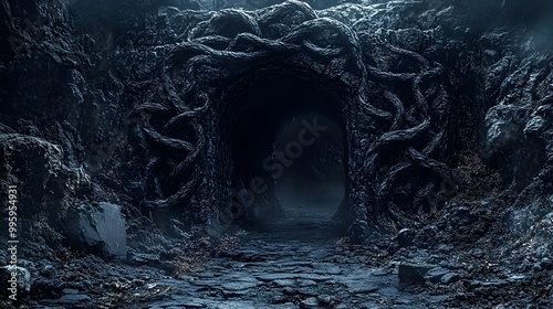 Foreboding Subterranean Lair with Crumbling Basalt Archway Carved with Intertwined Wyrms photo