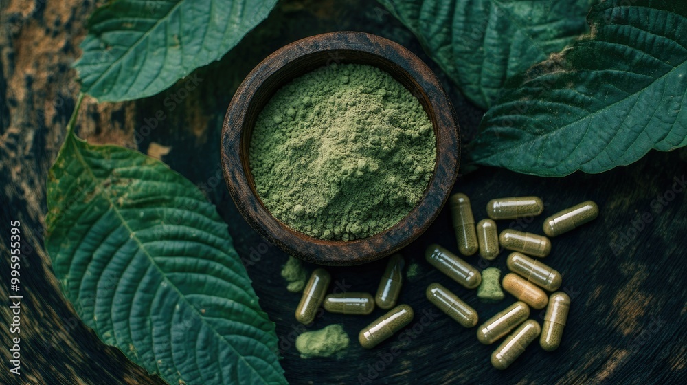 Obraz premium Still life with fresh Kratom leaves, powdered Kratom, and capsules, emphasizing traditional herbal medicine.