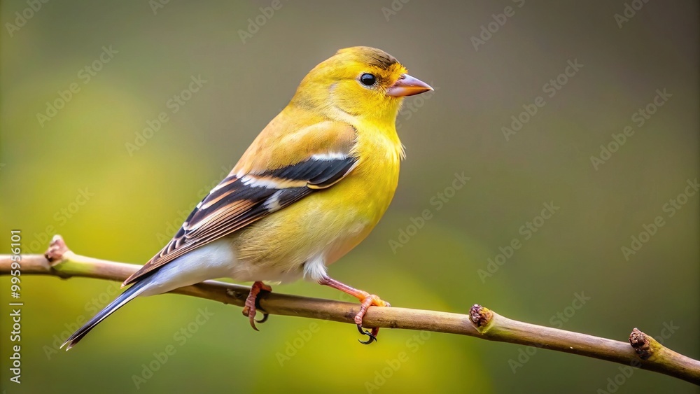 A tiny female goldfinch with bright yellow feathers and a striking black cap nestled securely on a slender branch, her gentle song filling the air. A tiny female goldfinch with bright yellow feathers and a striking black cap nestled securely on a slender branch, her gentle song filling the air.