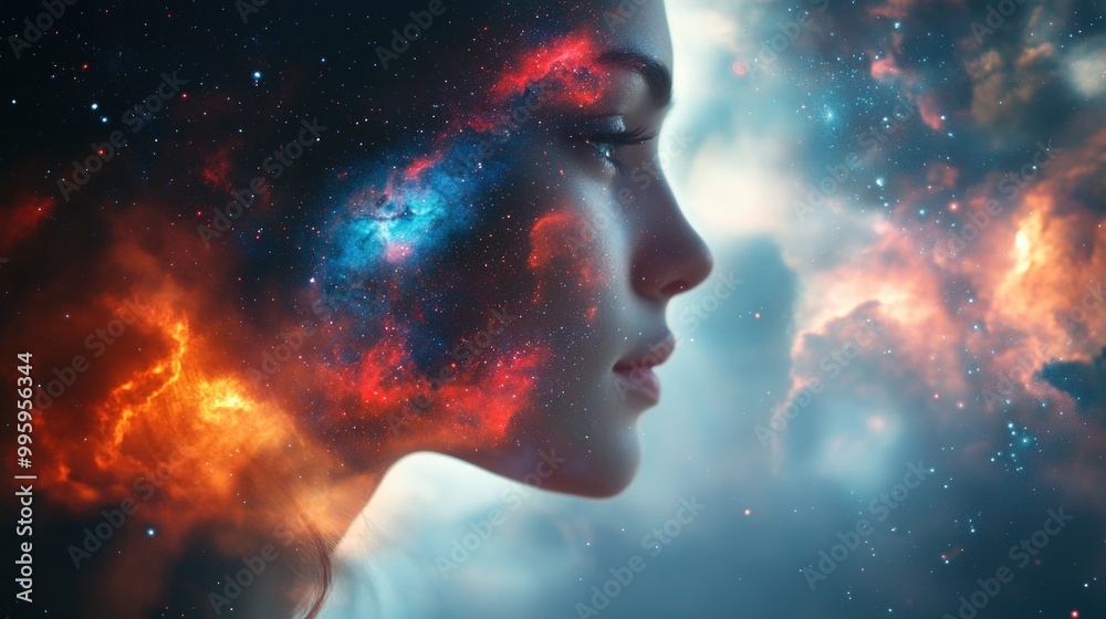 A woman's face is superimposed with a nebula, a starry sky, and colorful clouds. Her profile is in the foreground with the nebula in the background. A woman's face is superimposed with a nebula, a starry sky, and colorful clouds. Her profile is in the foreground with the nebula in the background.