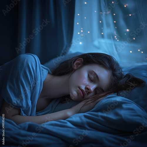 A tranquil night in a softly lit room with a young woman peacefully sleeping on a cozy bed draped in soft blue blankets