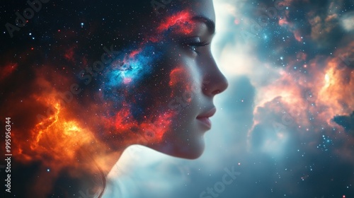 Wallpaper Mural A woman's face is superimposed with a nebula, a starry sky, and colorful clouds.  Her profile is in the foreground with the nebula in the background. Torontodigital.ca