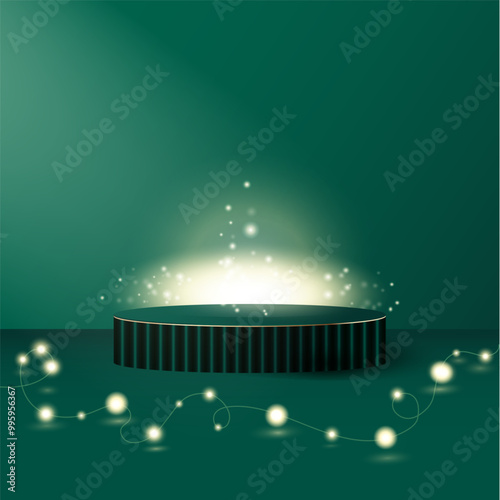 Minimal christmas podium background green color with neon light bulb on floor. Mery christmas, New year wall scene. Mockup product cylinder display for presentation. 3D showcase background. Vector