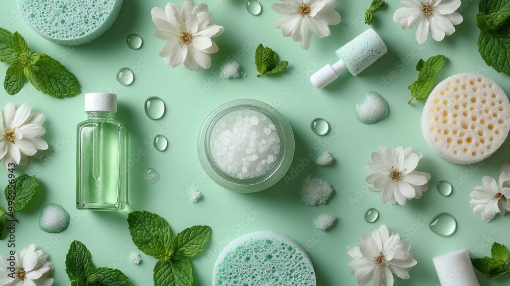Flat lay composition with natural beauty products and flowers on a green background. Flat lay composition with natural beauty products and flowers on a green background.