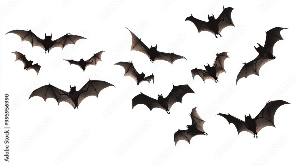 flying bats on a white background, rendered in a detailed vector illustration, perfect for commercial use, featuring dramatic and realistic styling for halloween and wildlife-themed projects flying bats on a white background, rendered in a detailed vector illustration, perfect for commercial use, featuring dramatic and realistic styling for halloween and wildlife-themed projects