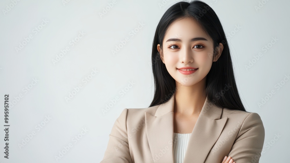 Confident young woman in business attire smiling. Professional portrait for corporate atmosphere. Confident young woman in business attire smiling. Professional portrait for corporate atmosphere.