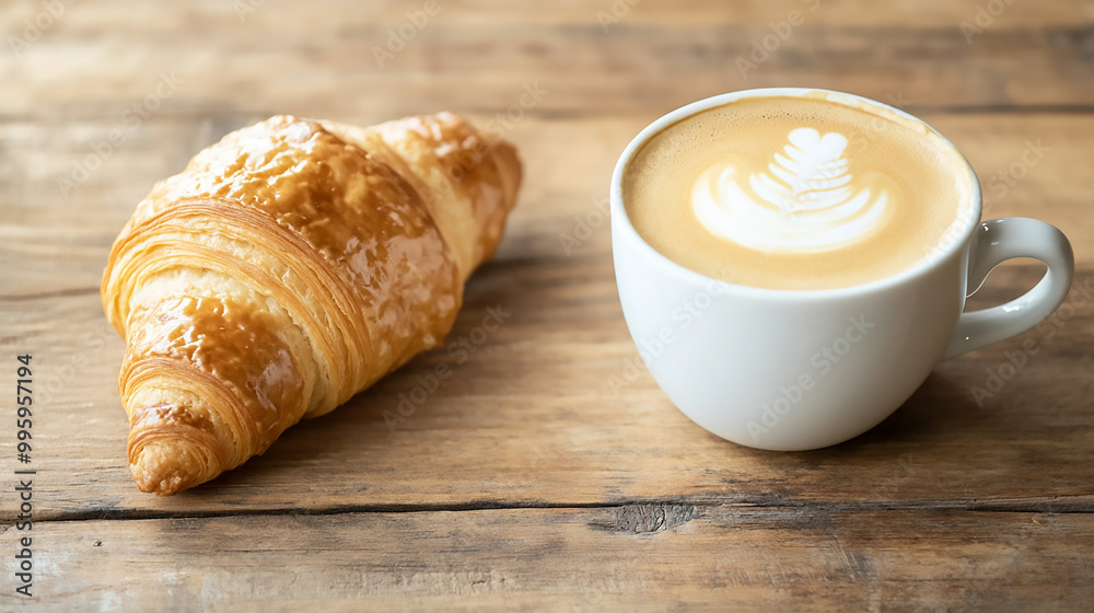 Φωτογραφία A morning breakfast scene with a perfectly brewed cappuccino in a white cup, paired with a freshly baked croissant on a rustic wooden table, for coffee shop promotions