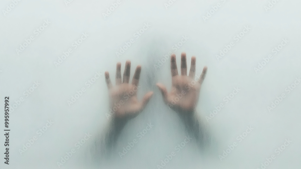 A person standing behind a transparent wall with their hands pressed against it, unable to escape, symbolizing the mental barriers that keep us trapped. A person standing behind a transparent wall with their hands pressed against it, unable to escape, symbolizing the mental barriers that keep us trapped.