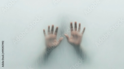 A person standing behind a transparent wall with their hands pressed against it, unable to escape, symbolizing the mental barriers that keep us trapped.