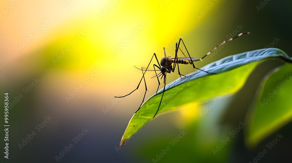 Close-up of mosquito resting on leaf in tropical forest, emphasizing its role in transmitting viruses, shallow depth of field Close-up of mosquito resting on leaf in tropical forest, emphasizing its role in transmitting viruses, shallow depth of field
