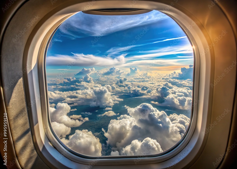 A View From The Inside Of An Airplane, Looking Out Through The Window At The Blue Sky And Cloud Formations Below. A View From The Inside Of An Airplane, Looking Out Through The Window At The Blue Sky And Cloud Formations Below.