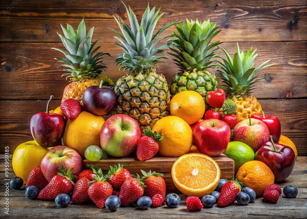 A vibrant still life composition bursts with colorful freshness, featuring a diverse arrangement of mixed fruits on a rustic wooden board.