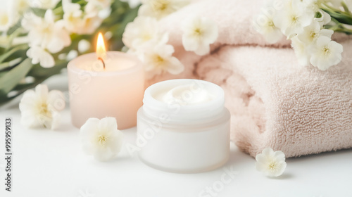 A serene spa setting with candles, essential oils, and fresh flowers surrounding a jar of skincare cream, perfect for wellness and beauty product photography.