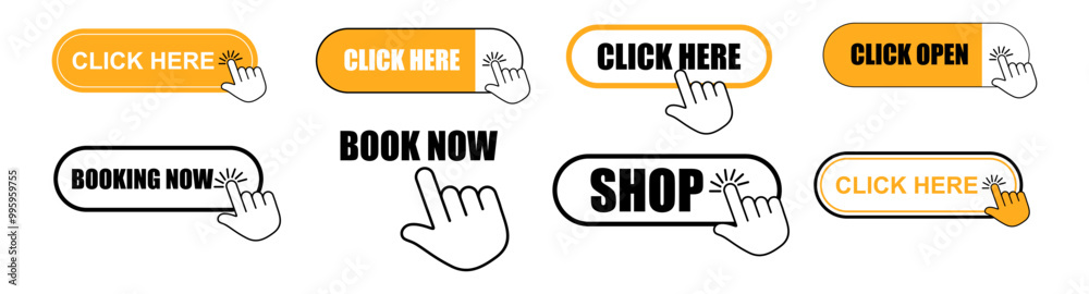 Click Here Button with pointer clicking. Web button set. Click button. Clicking the icon. Action button click here with click cursor. Vector illustration Click Here Button with pointer clicking. Web button set. Click button. Clicking the icon. Action button click here with click cursor. Vector illustration