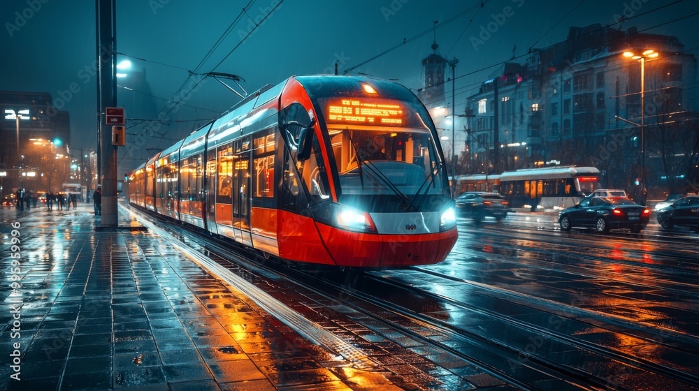 Modern tram or light rail transit. Public transportation systems in urban environments Modern tram or light rail transit. Public transportation systems in urban environments