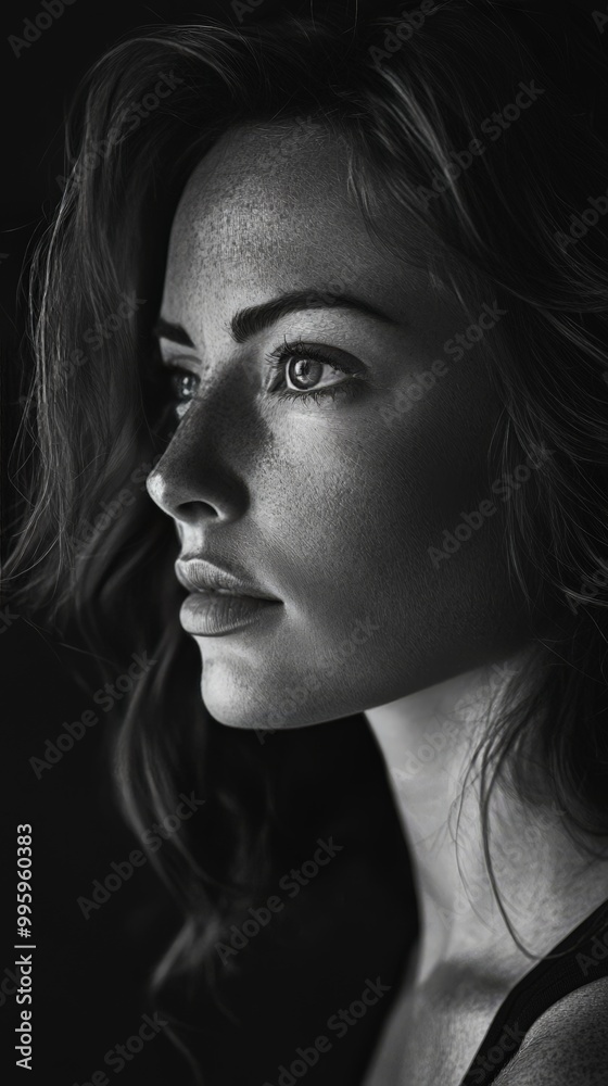 A black and white portrait of a woman with dramatic lighting, her features sharply defined, creating a timeless and classic image