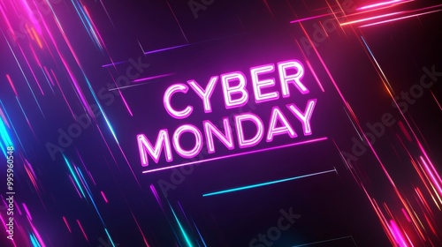 Cyber Monday sale banner with neon lights and futuristic digital background, perfect for highlighting Black Friday deals and promotions in a sleek, tech-inspired style