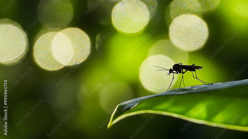 Close-up of mosquito resting on leaf in tropical forest, emphasizing its role in transmitting viruses, shallow depth of field Close-up of mosquito resting on leaf in tropical forest, emphasizing its role in transmitting viruses, shallow depth of field