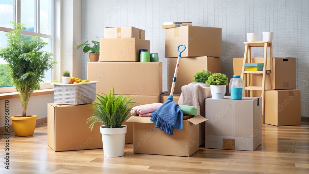 Stacked cardboard boxes packed with belongings are organized in a room with houseplants