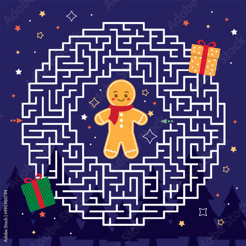 Vector colorful Christmas maze for children. Mini-game labyrinth. Puzzle game. Gingerbread man. With a solution.