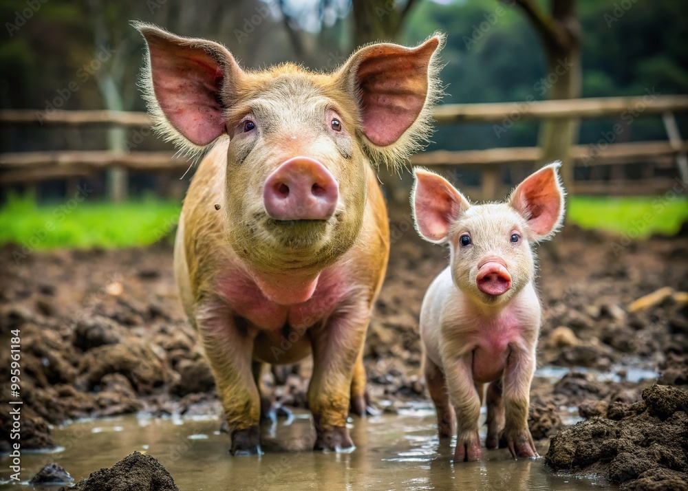 A Young Swine With Its Mother In A Muddy Sty, Looking Up At The Camera With Curious Eyes A Young Swine With Its Mother In A Muddy Sty, Looking Up At The Camera With Curious Eyes