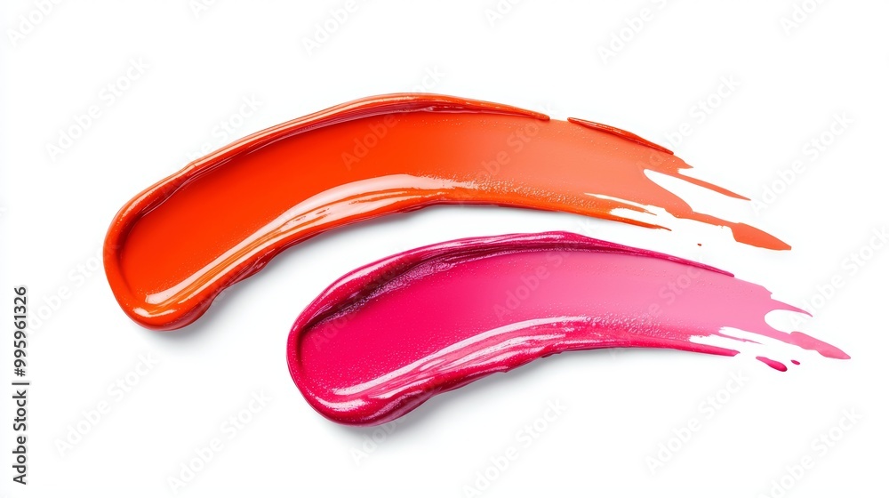 A streak of vibrant lip gloss swatches in shades of tangerine, strawberry pink, and bright cherry red, creating a fun, cheerful vibe. A streak of vibrant lip gloss swatches in shades of tangerine, strawberry pink, and bright cherry red, creating a fun, cheerful vibe.