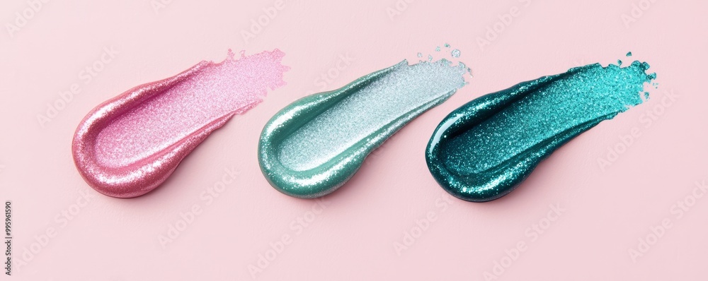 A stylish flat-lay of lip gloss and eyeshadow swatches in Cybergem, Escapist Green, and Skylight Blue tones, showcasing a glossy, high-shine effect. A stylish flat-lay of lip gloss and eyeshadow swatches in Cybergem, Escapist Green, and Skylight Blue tones, showcasing a glossy, high-shine effect.