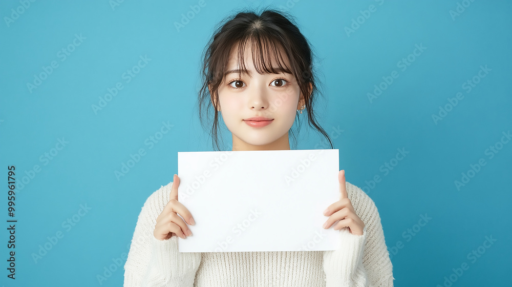 Japanese female model holding a white blank sign on blue background. Japanese female model holding a white blank sign on blue background.