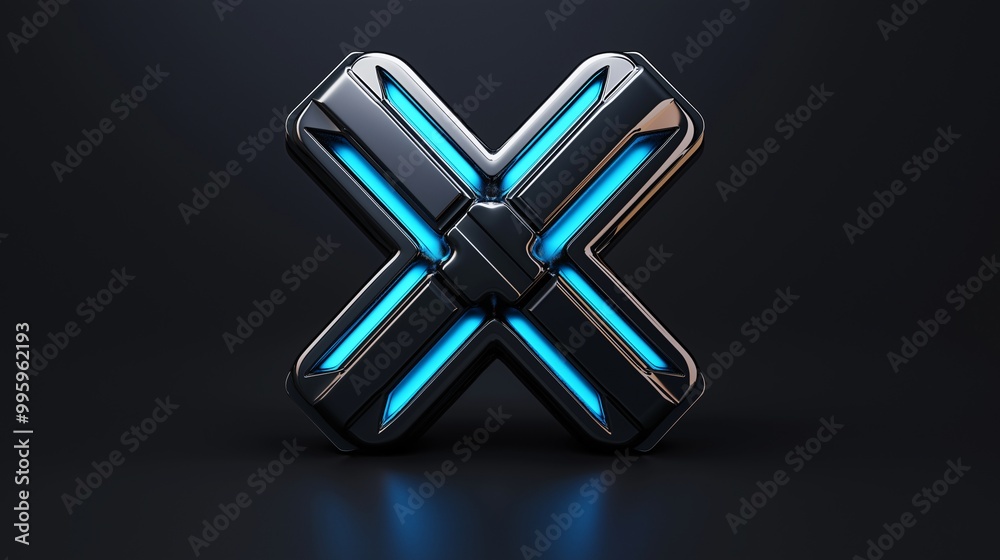 A futuristic glowing 'X' made of smooth chrome, illuminated by neon blue A futuristic glowing 'X' made of smooth chrome, illuminated by neon blue