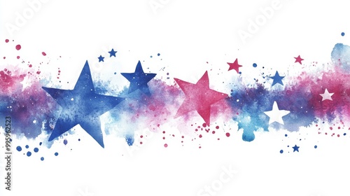 simple and minimalistic watercolor stars with a red and blue color palette, designed for the 4th of july with white background and clean vector illustration style photo