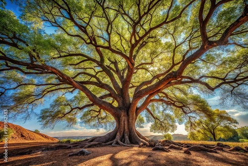 An elegant gray-brown trunk rises from the rust-hued earth, its sprawling branches stretching towards the sky, leaving a trail of dappled shadows.