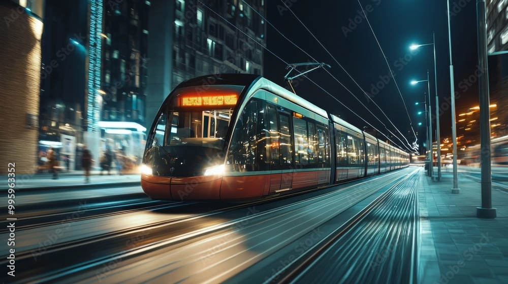 Modern tram or light rail transit. Public transportation systems in urban environments Modern tram or light rail transit. Public transportation systems in urban environments