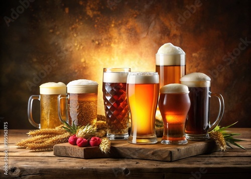 Assorted varieties of traditional German beers, including Weissbier, Pilsner, and Bock, lined up on a rustic wooden table against a warm, earthy-toned background. photo