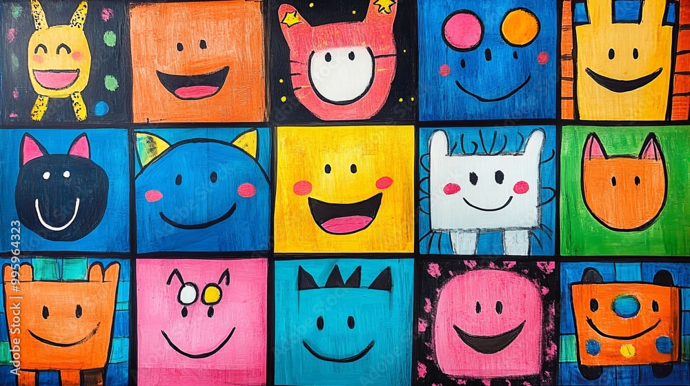 Colorful square paintings of happy faces on a vibrant wall display