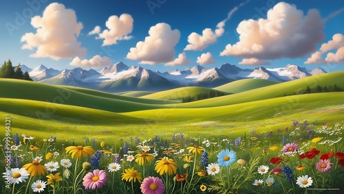 A beautiful meadow covered in a blanket of wildflowers, with mountains in the distance and fluffy white clouds drifting across the sky