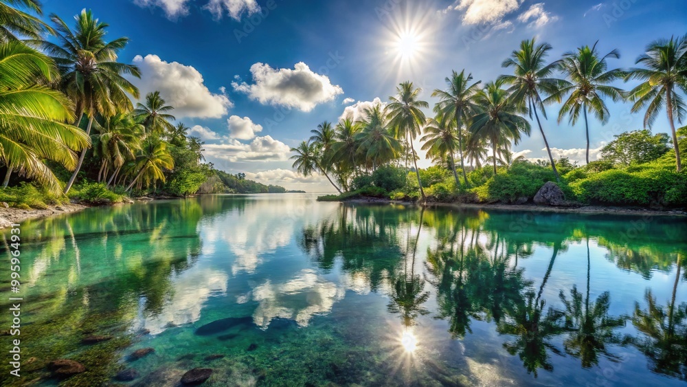 Calm turquoise waters mirror sun-kissed palm trees along the gentle shoreline, surrounded by lush greenery and a tranquil atmosphere of peace and serenity. Calm turquoise waters mirror sun-kissed palm trees along the gentle shoreline, surrounded by lush greenery and a tranquil atmosphere of peace and serenity.