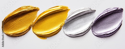 An array of liquid metallic eyeshadow swatches, featuring gold, silver, and violet hues, with a smooth, reflective foil texture.
