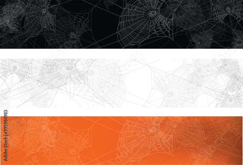detailed spider web silhouette against black, white and orange wall - halloween theme dark realistic copy space vector banners set with empty trap outlines