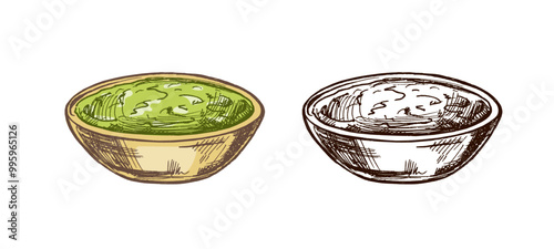 Hand-drawn sketch of bowl with guacamole, salsa sauce. Vintage drawing. Vector black ink outline food sketch illustration. Mexican food, cuisine. An illustration for the menu. Latin America.