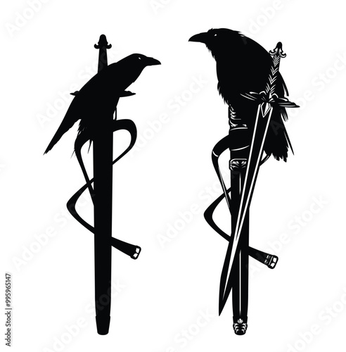 fantasy knight long sword and scabbard with perching raven bird - black and white vector design set with sheathed and unsheathed blade