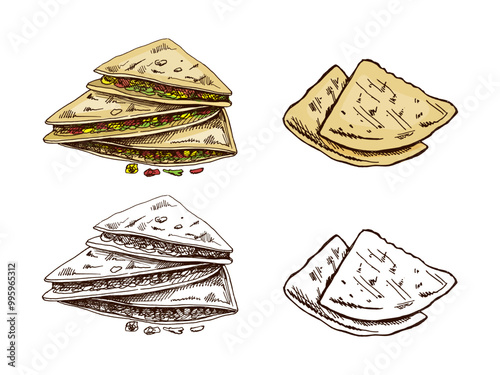 Hand-drawn set of quesadilla in sketch style. Vintage drawing of Mexican dish. Vector black ink outline food illustration. Mexican food, cuisine. An illustration for the menu. Latin America.