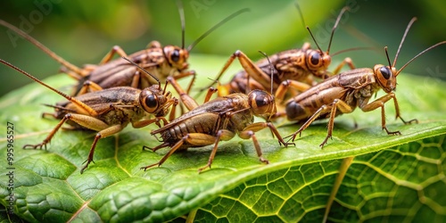 Close-Up Of A Group Of Tiny Crickets Gathered On A Leaf In A Forest Ecosystem photo