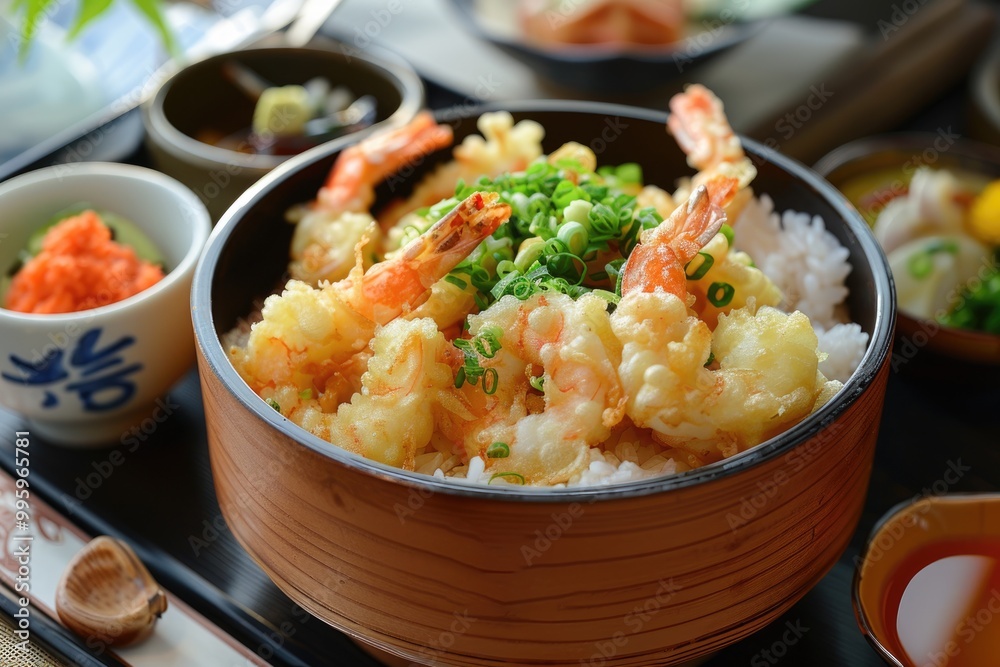 Crispy Tempura Shrimp with Green Onion Garnish in a Ceramic Bowl Crispy Tempura Shrimp with Green Onion Garnish in a Ceramic Bowl
