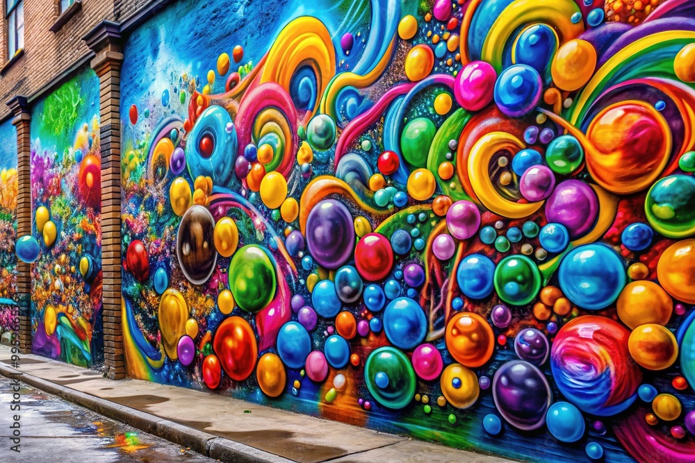 Fototapeta premium Colorful bubble letters swirl across a distressed urban wall, creating a dynamic street art mural with eclectic whimsy and playfulness that's hard to ignore.