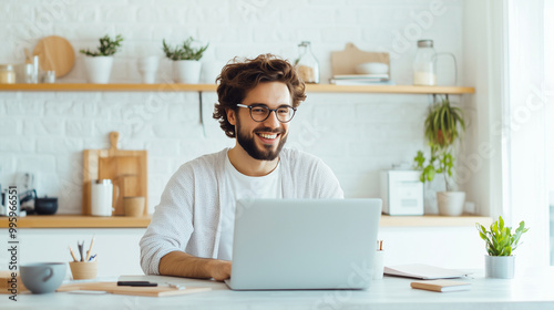 Smiling young professional at a kitchen counter turned workspace, engaged in a virtual meeting, bright morning light, remote work, virtual meeting, home office setup