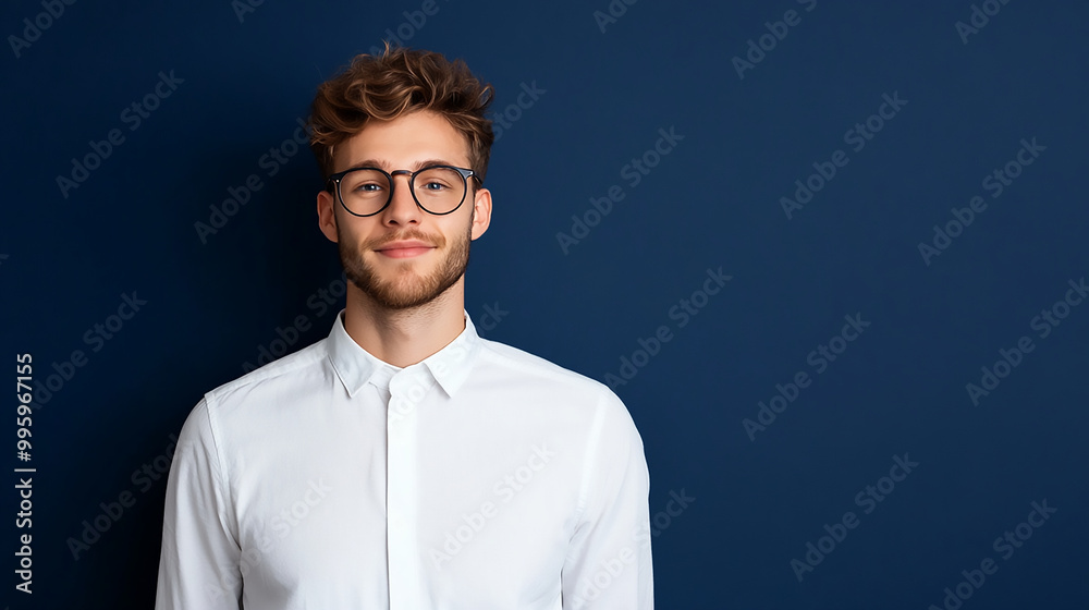 Portrait of a man wearing white shirt on dark blue background.