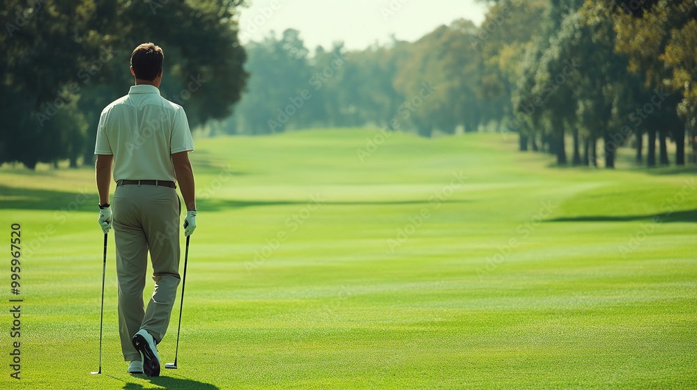 A golfer walks down a fairway carrying his golf bag and club. A golfer walks down a fairway carrying his golf bag and club.