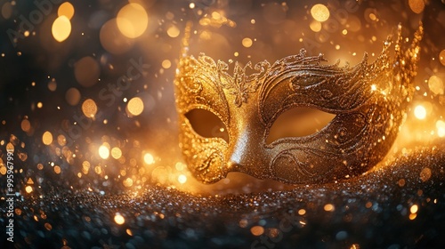 A golden masquerade mask with intricate details rests on a sparkly black surface with twinkling lights behind.