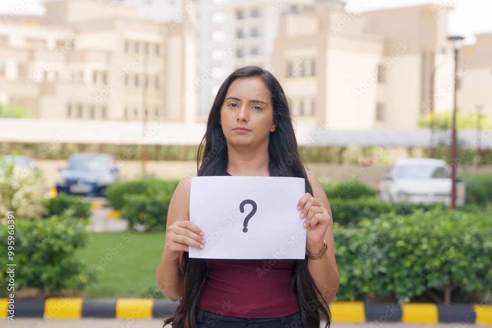 Indian Woman standing with Question Mark Poster Indian Woman standing with Question Mark Poster