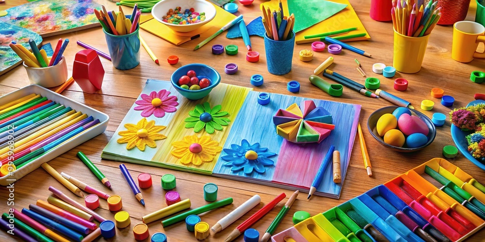 Naklejka premium Crayons spill across the table, a riot of color, surrounded by forms that inspire creativity in young minds, calling forth their inner artists to create a masterpiece.